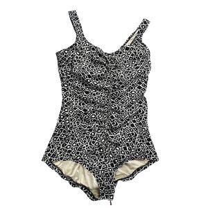 MAXINE OF HOLLYWOOD Womens 18 Black White Geometric Ruched One Piece Swimsuit